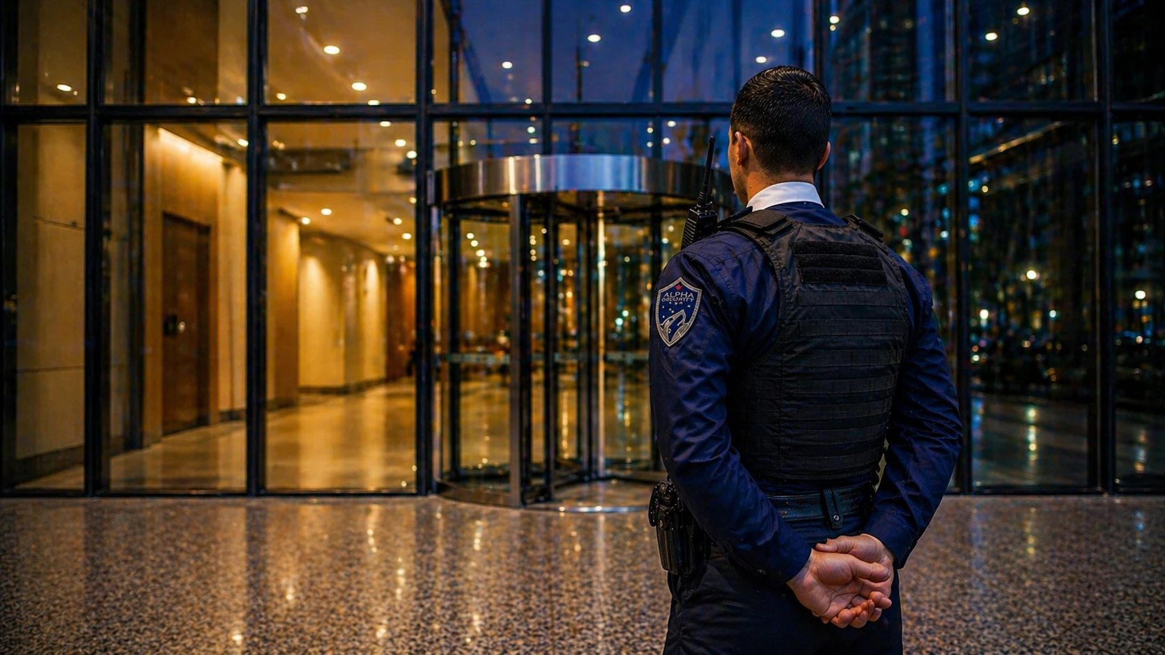 Licensed security guard at commercial entrance